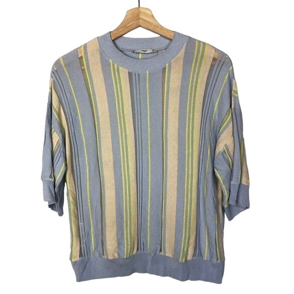 Mango MNG Light Blue Yellow‎ Stripe Short Sleeve Knit Top XS